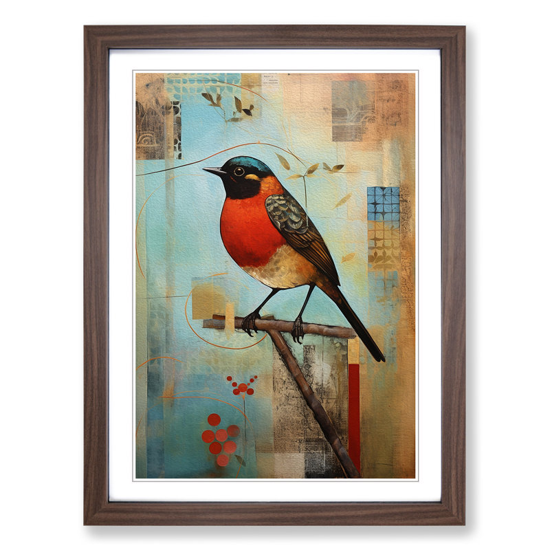 Robin Bird Constructivism - Single Picture Frame Print on Wood, Walnut, 64cm H x 46cm W x 2cm D