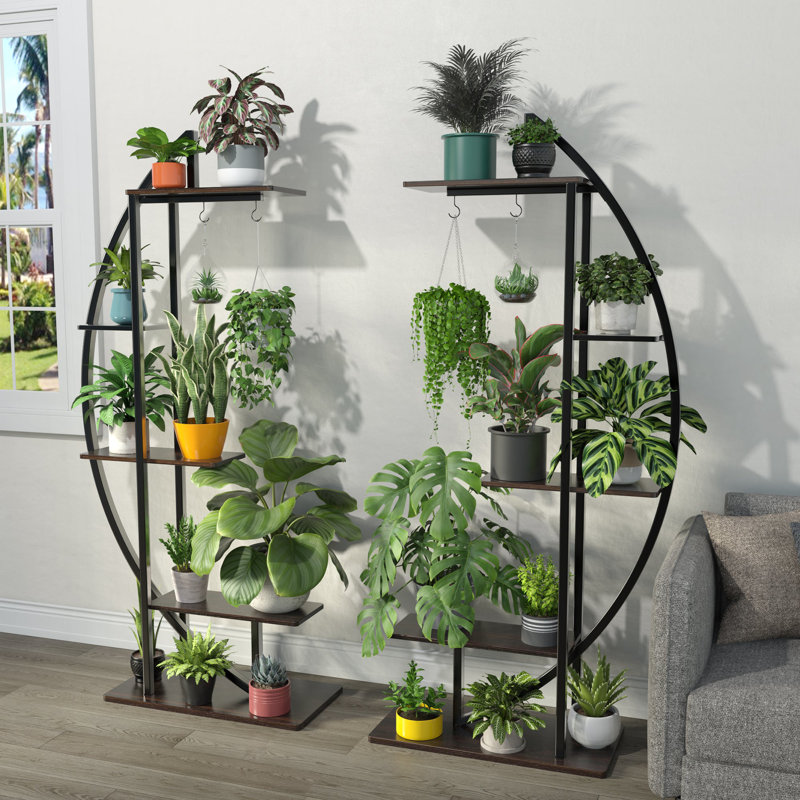 Tall Black Metal and MDF Indoor Plant Stand with Hanging Hook