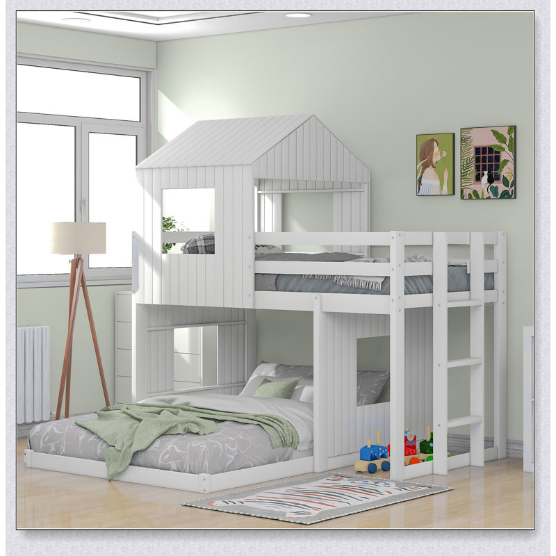 Lit superposé simple en bois sur lit double, lit mezzanine avec maisonnette, maison de campagne, échelle et garde-corps