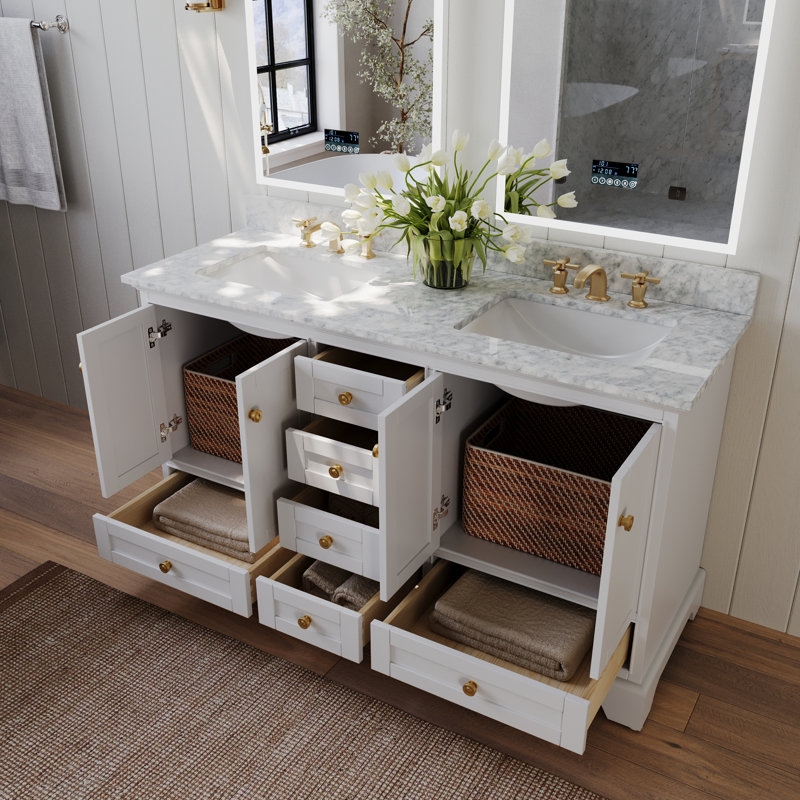 Ensemble de meuble-lavabo double 60 po Varna, Blanc/or brossé, Marbre blanc de Carrare