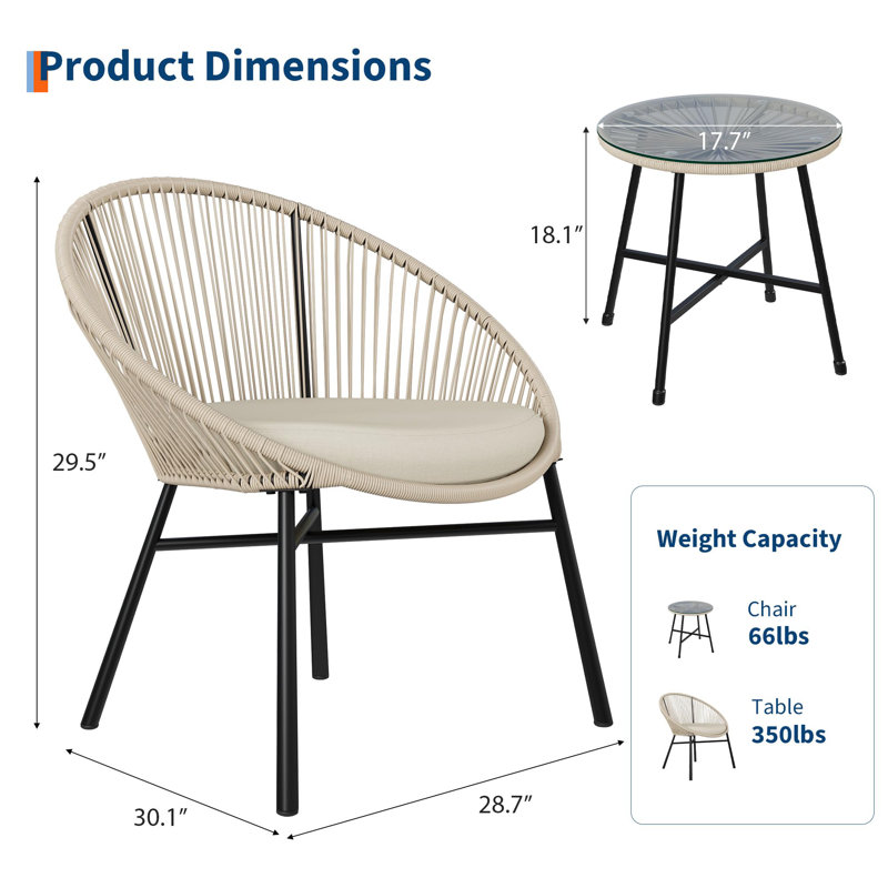 3-Piece Acapulco Patio Set – All-Weather Woven Chairs & Tempered Glass Table for Balcony/Deck, White, White