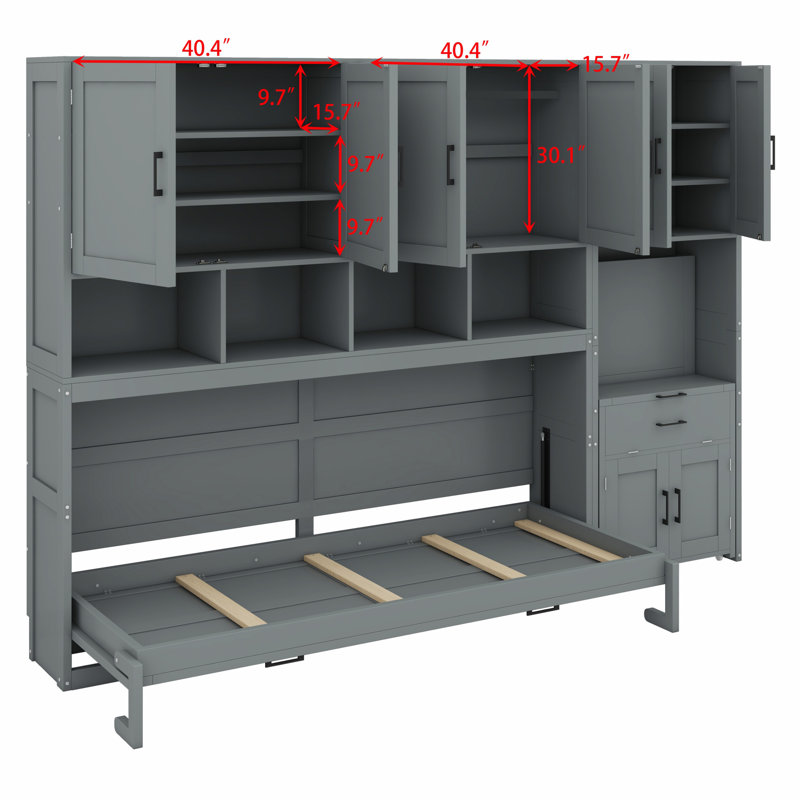 Lit escamotable mural avec placard, tiroirs et bureau Murphy, Gris