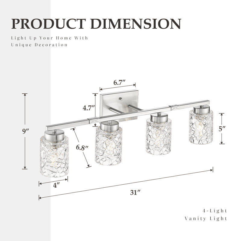 Luminaire de salle de bain à intensité variable, géométrique craquelé, H 9 po x l 31 po x P 6,80 po, Nickel brossé, 4