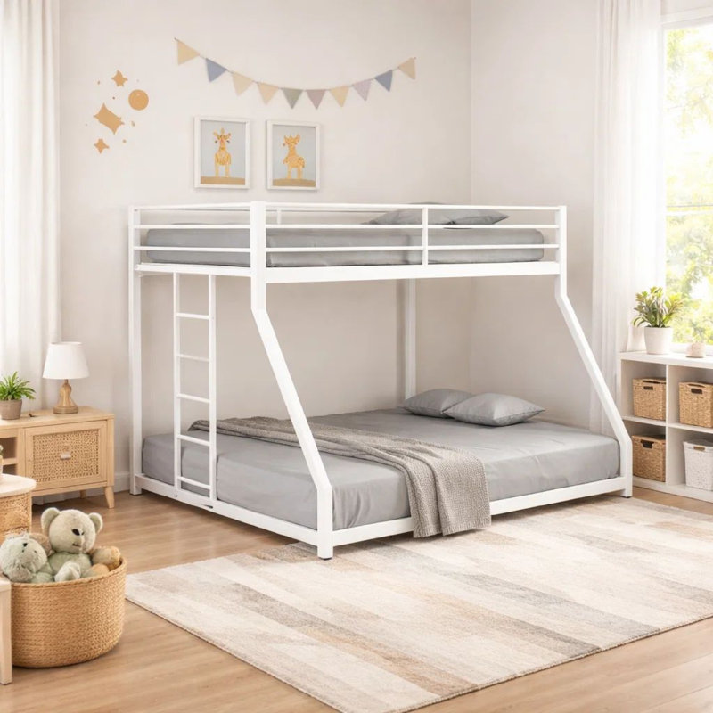 Ady Low Profile Twin Over Full Bunk Bed With Ladder, White Metal Frame