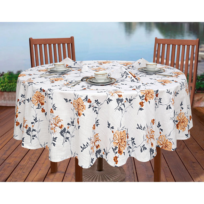 70 Inch Round Floral Cotton Tablecloth in White and Yellow