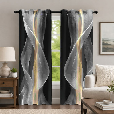 Lot de 2 rideaux blancs à lignes ondulées, style géométrique abstrait, rideaux à œillets imprimés à motifs fluides minimalistes modernes, décoration de fenêtre pour chambre et salon