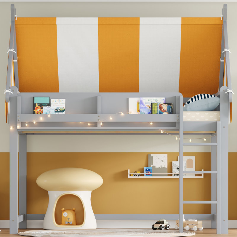 Kids Loft Bed With Canopy, Front Book Shelf, Wood Frame, With Led String Lights, Contemporary, Kids Bedroom, Gray, Full