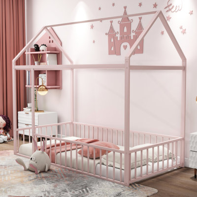 Lit simple maisonnette en métal avec clôture pour - rose, et confortable avec aire de jeux