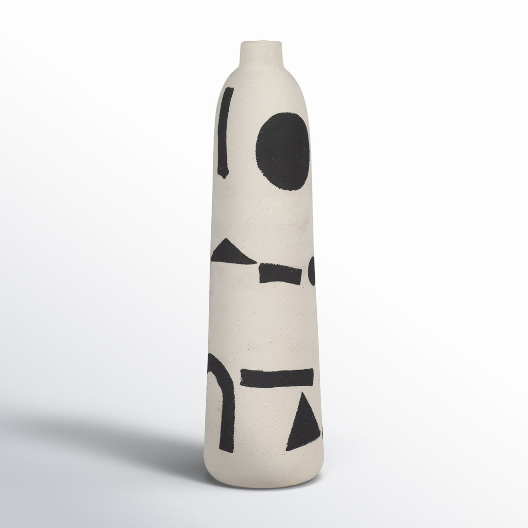 Ceramic 15" Funky Vase - Ivory and Black Ceramic and Suar Wood Joss & Main