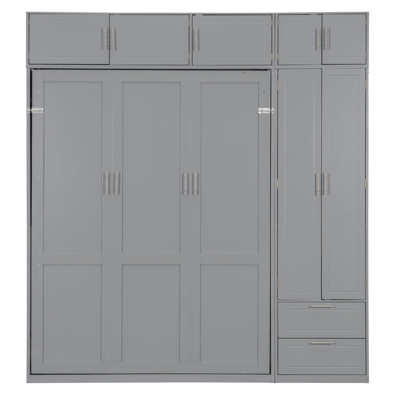 Grand lit escamotable mural avec armoires de rangement, tablettes, garde-robe et tiroirs, lit pliant peu encombrant, gris