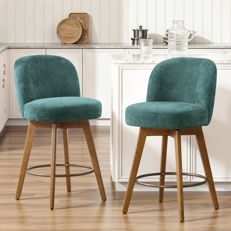 26" Swivel Upholstered Counter Stool With Solid Wood Frame And Mid Back, Dark Green/Chenille