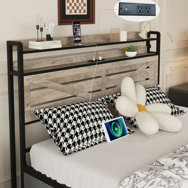 Structure de lit de taille grise avec structure en métal, 12 tiroirs pour la literie, lumières à DEL et plateforme de chargement pour chambre à coucher, tête de lit avec rangement, éclairage pour articles légers