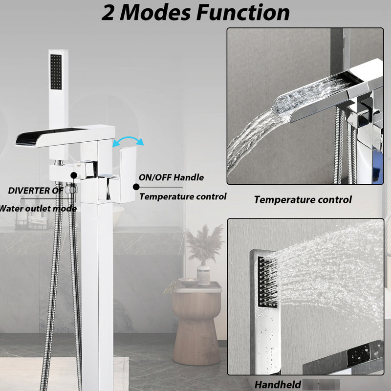 Robinet de baignoire pour salle de bain avec bec cascade et boyau de douche 59 po avec poignée levier noir, Blanc