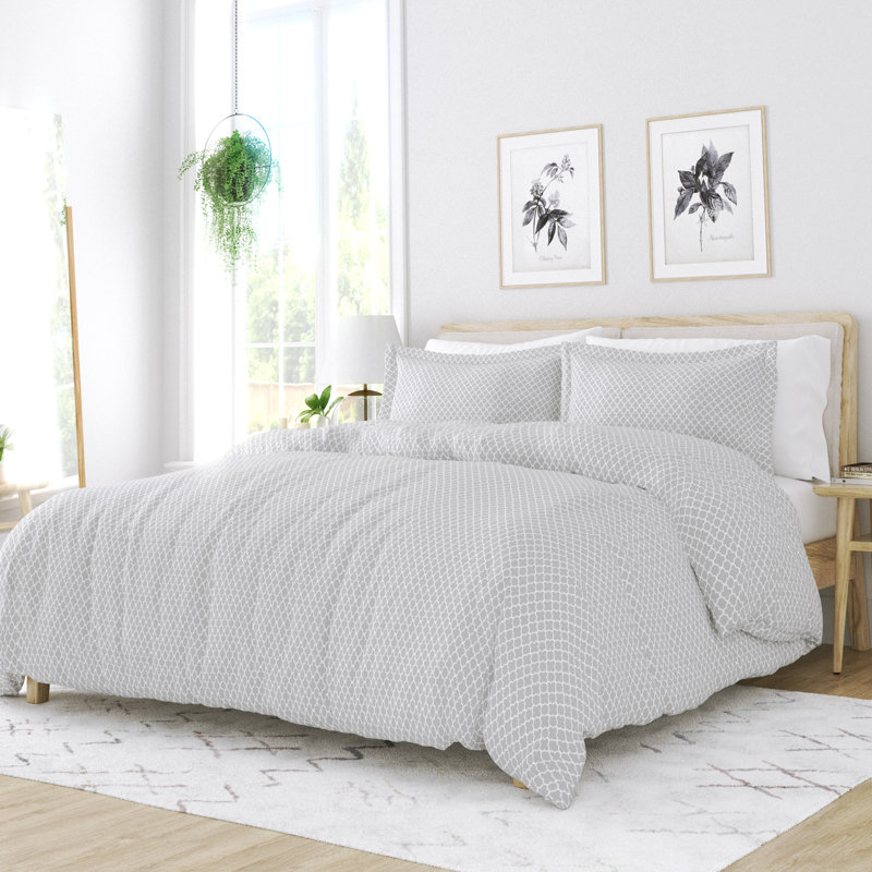 Ensemble de housse de couette à motif quadrilobe Simply Soft, Gris, Housse de couette grand et 2 taies décoratives