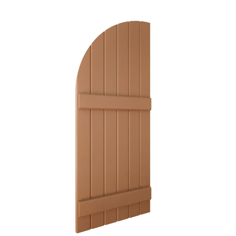 AmeriCraft Real Wood Six Board (2 Batten), Joined Exterior, Arch Top Joined Board-n-Batten Shutters, 21"W x 37"H, Burnt Toffee, (Per Pair)