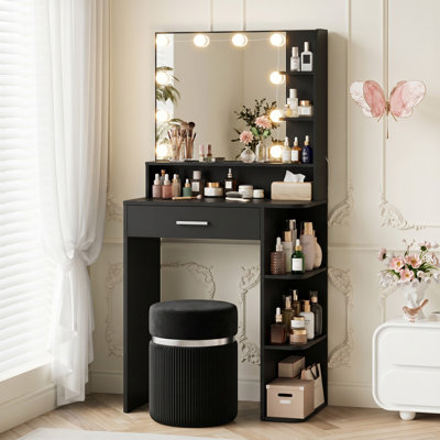 Coiffeuse en bois manufacturé avec miroir à DEL et tablettes de rangement 