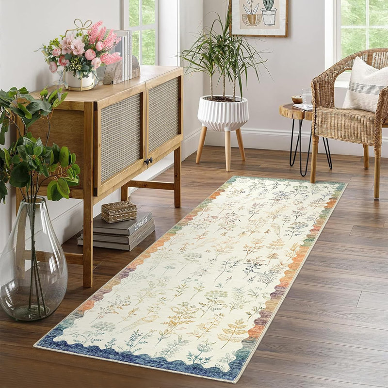 2x6 Washable Floral Runner Rug, Non-Slip, Low-Pile, Scalloped Pattern for Kitchen, Hallway, Laundry, Bathroom, Runner 2' x 6'