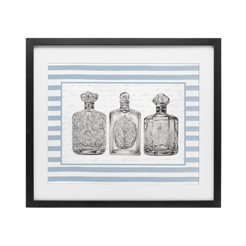 Ornement de bouteilles sur rayures bleues, reproduction encadrée sous verre, design avec lettres et doublure