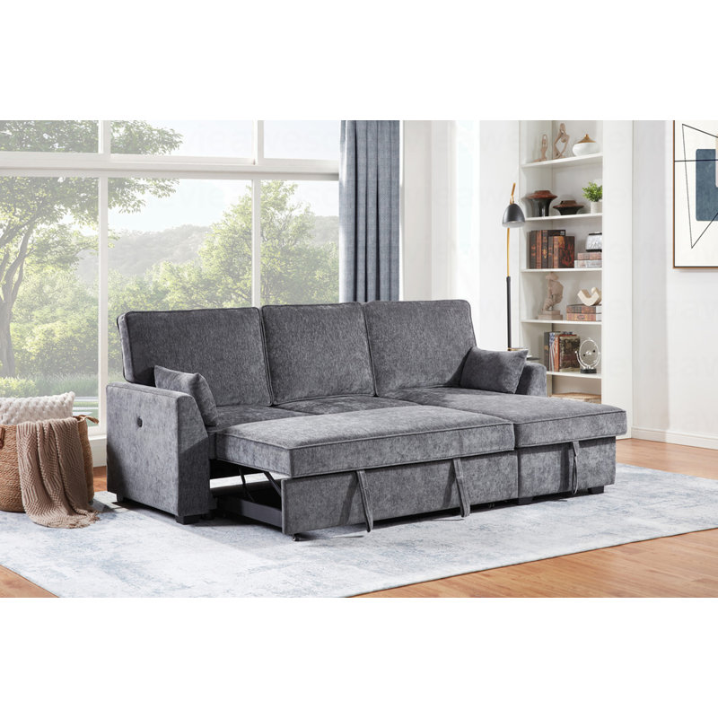 Canapé-lit modulaire moderne en tissu gris foncé de 89 po avec méridienne réversible, ports de charge USB et USB-C, porte-gobelets, coussins