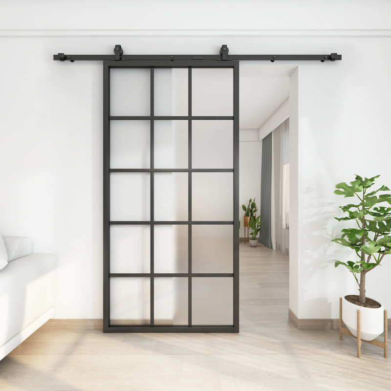 JUBEST Sliding Door Black Track Kit, Top Mounted Roller Hanger(DOOR NOT INCLUDED), 90 in.