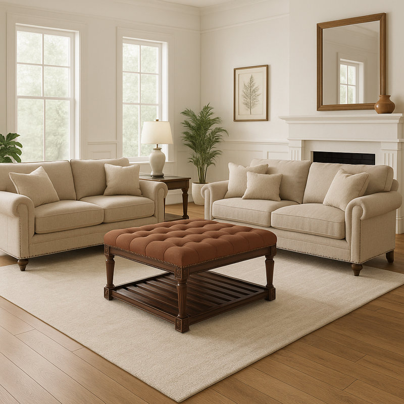 Maven Lane Mesa Square Upholstered Coffee Table In Aged Brown With Clay Brown Fabric, Brown