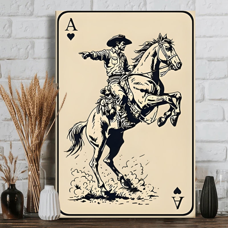 As de Cœur - Cowboy à cheval cabré - Impression d'art mural moderne sur toile tendue sur châssis, 91,4 cm (H) x 61 cm (L), prête à accrocher