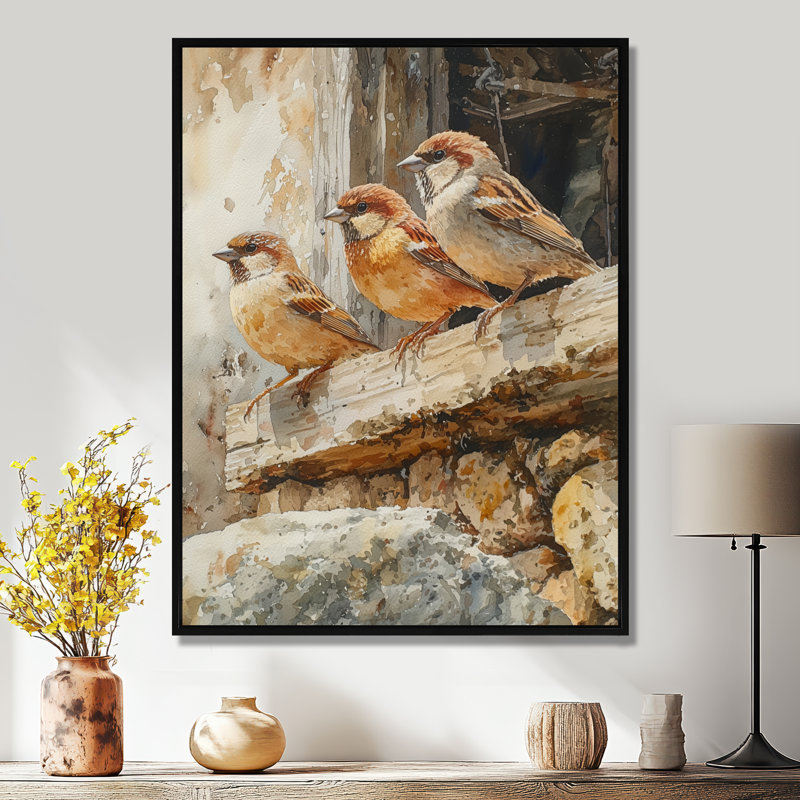 «Sparrows Birds In The Farmyard V», reproduction d'art sur toile encadrée, Noir, Impression encadrée sans passe-partout