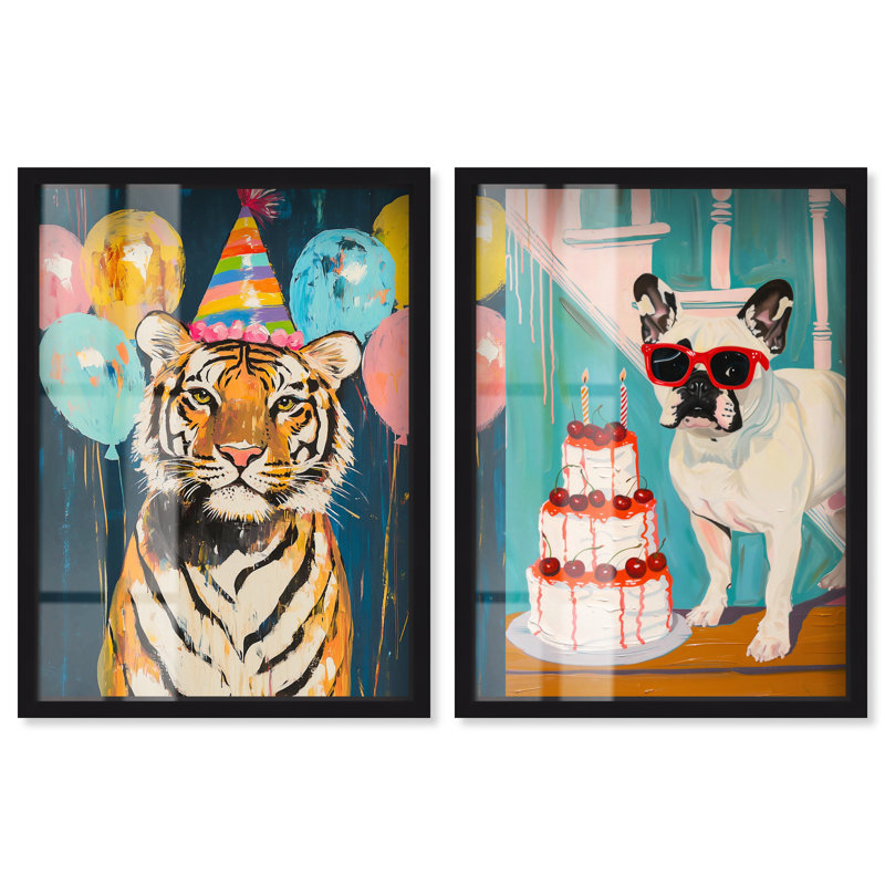 Fête d'animaux, ensemble de boîtes à ombre, impression par Art Remedy, H 17 po x l 24 po, Noir