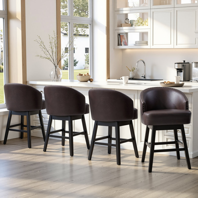 Tabouret de comptoir pivotant en similicuir de 26,4 po avec pieds en bois massif, Bleu gris