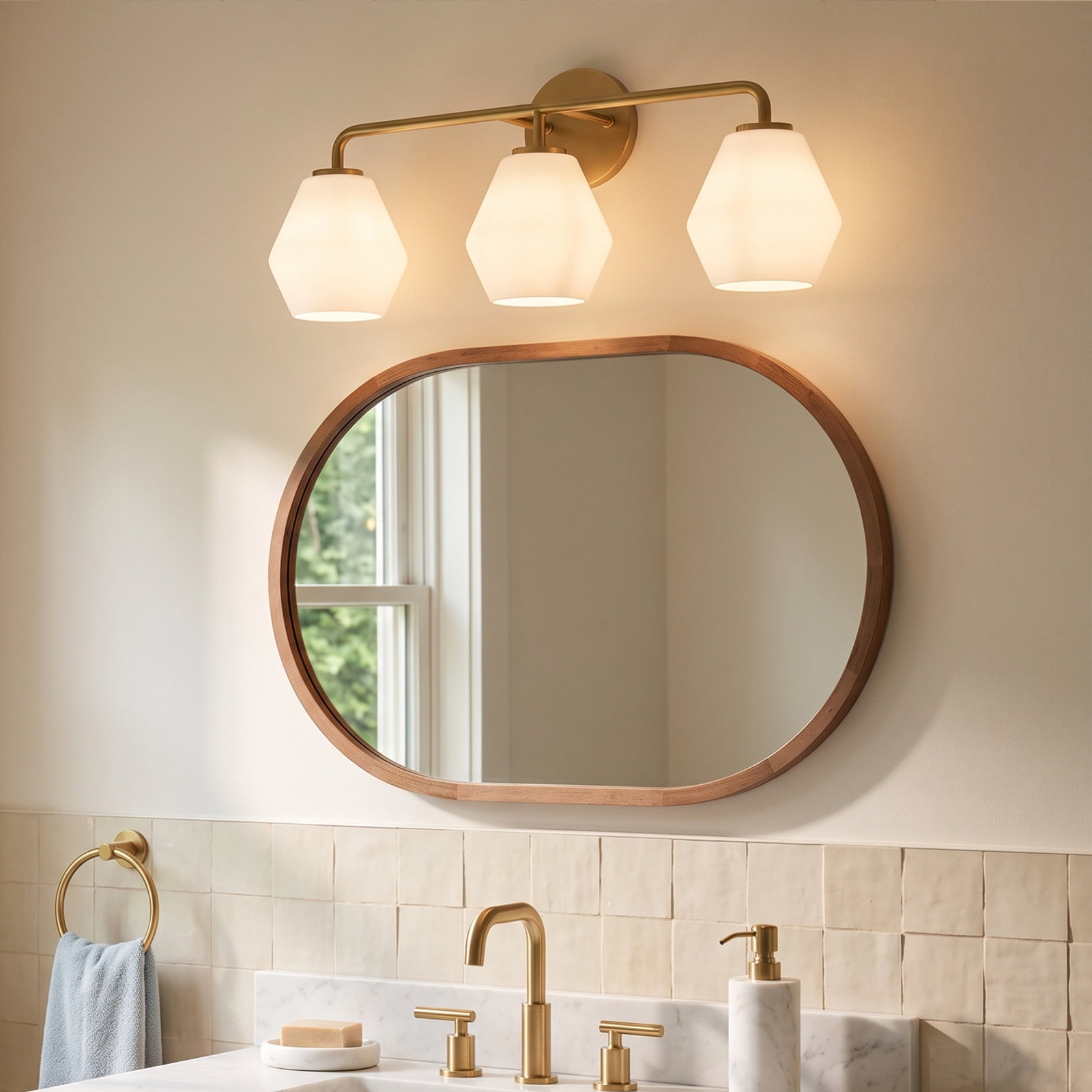 Rooks 3-Light Dimmable Vanity Light, Satin Brass, White