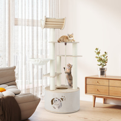 Arbre à chat de 55,5 po de hauteur pour chats d'intérieur avec hamac perchoir courbé
