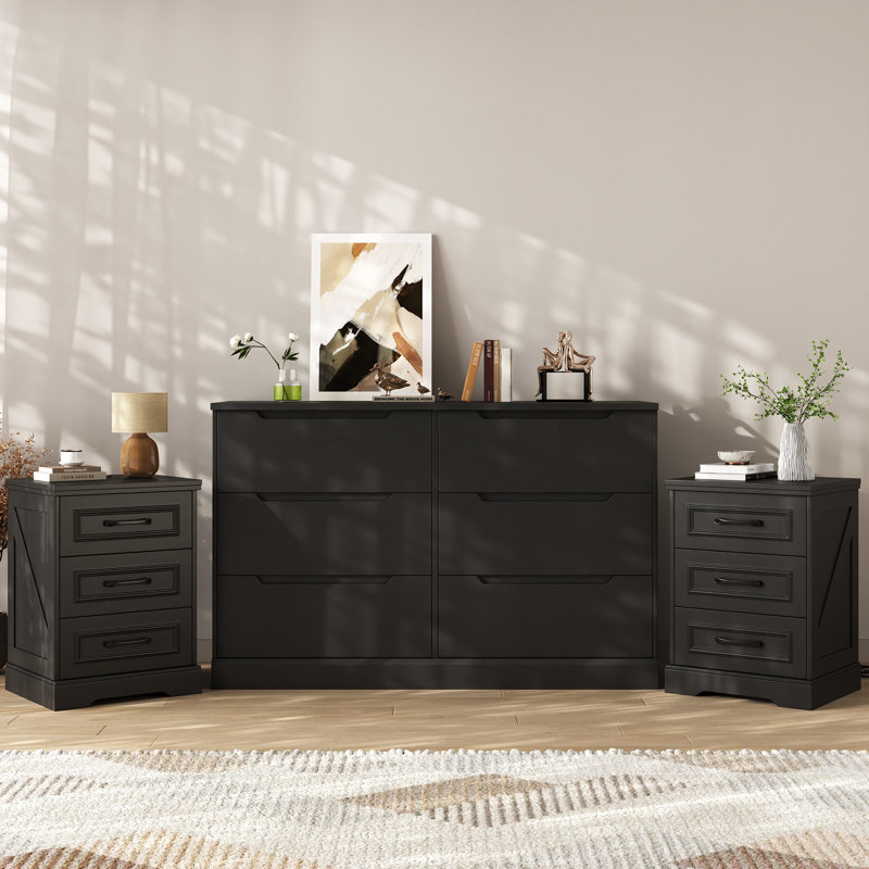 Ensemble de chambre à coucher 3 pièces - Ensemble de commode double 6 tiroirs l 47,2 po et 2 tables de chevet 3 tiroirs avec station de charge