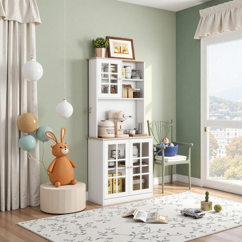 Armoire de cuisine 72 po avec huche et portes en verre - rangement autoportant, bar à café et micro-ondes, tablettes réglables, blanc