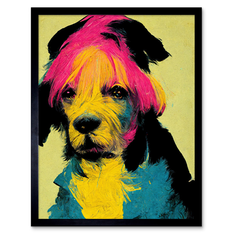 Pop Art Dog Bright Pink Yellow Blue Painted 1 Piece Single Picture Frame Wall Art
