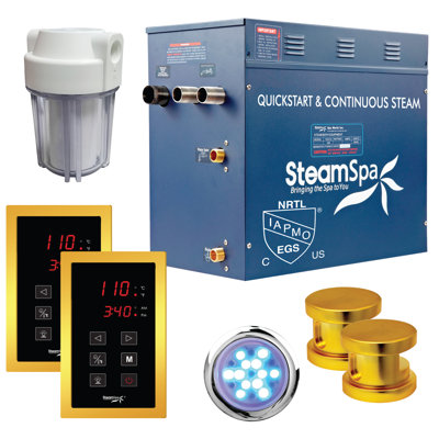 Ensemble de générateur de bain à vapeur en acier inoxydable à démarrage rapide Steamspa Royal Series 12 kW à finition dorée brillante