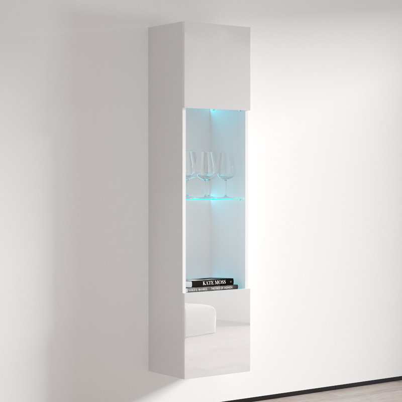 Fly 15.75" Floating Bookcase with 16-Color LED Lighting, High Gloss Finish, White
