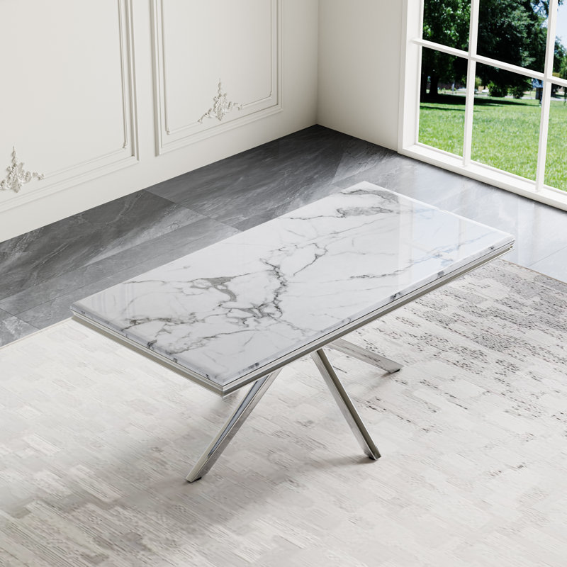 5-Piece Modern Dining Set, 70” Faux Marble Rectangular Table with Metal Base & 4 PU Leather C-Shape Base Chairs, Gray/Silver