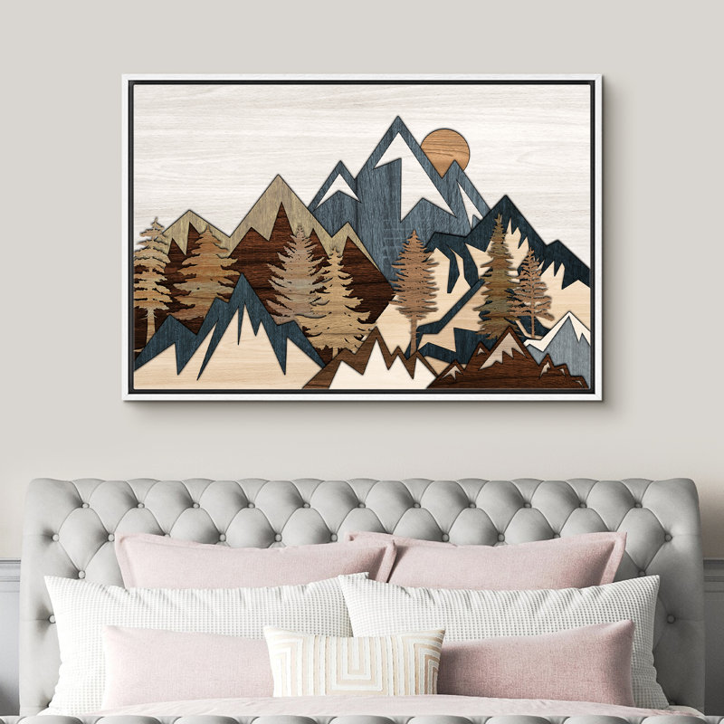 «Western Wood Effect Landscape 3D Illusion Mountain», reproduction d'art sur toile encadrée, Cadre blanc