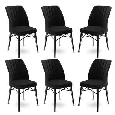 Ensemble de chaises modernes 6 pièces, tissu noir avec structure 100% métal, 17,7 po x 36,6 po x 16,5 po | Confortable dossier en mousse et dossier en mousse de 22 po | Pieds en bois élégants, parfaits pour la décoration de la salle à manger et du salon