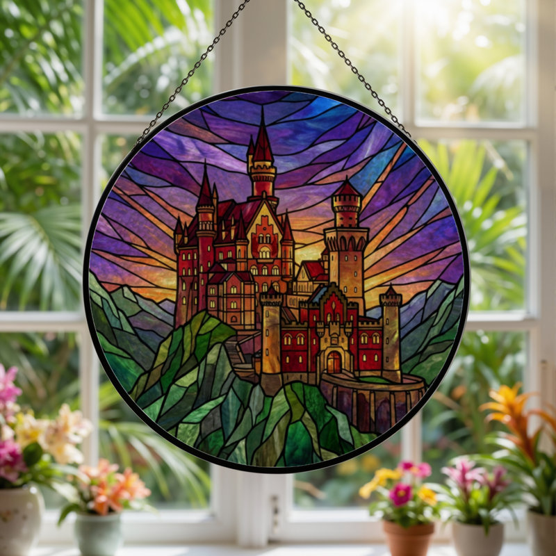 7.8"H Castle Sunset Stained Glass Window Panel, 7.8" H x 7.8" W