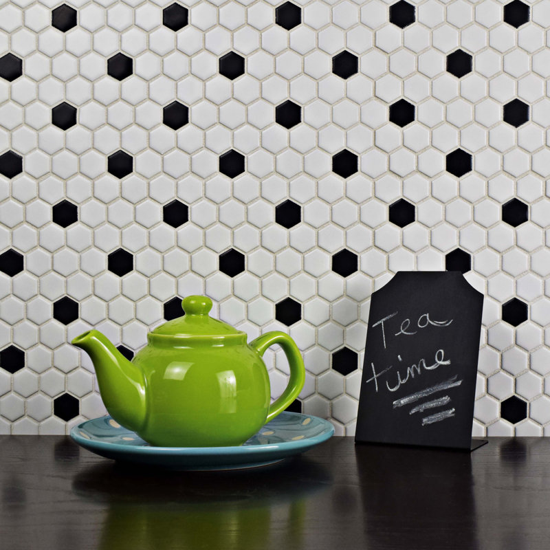 Metro 1" Hex Matte White with Black Dot 10-1/4" x 11-7/8" Porcelain Mosaic Tile