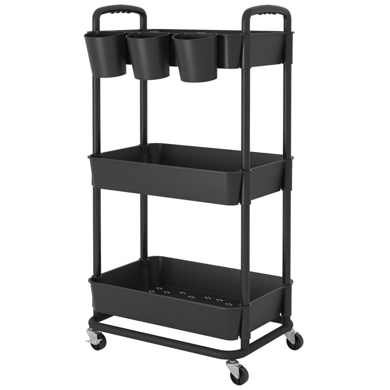 3‑Tier Plastic Utility Rolling Cart with Hanging Cups, Handles and Lockable Wheels