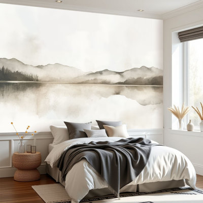 Wall Mural Peel and Stick Wallpaper Abstract Green Gray Pastel Neutral Landscape Watercolor Lake Beige Self-Adhesive Removable Contact Paper Wall Decor for Living Room Bedroom 69"H x 96"W