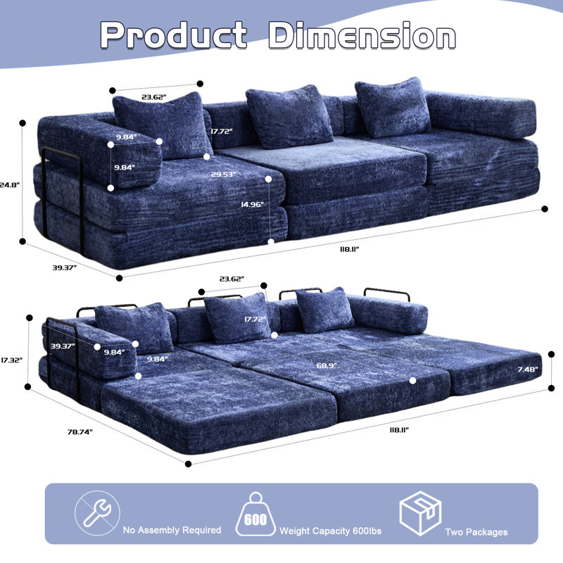 Lit de sol modulaire convertible 3 places bleu foncé sans ossature, en chenille, sans assemblage, idéal pour la poterie, les séances de visionnage de séries télé et bien plus encore.