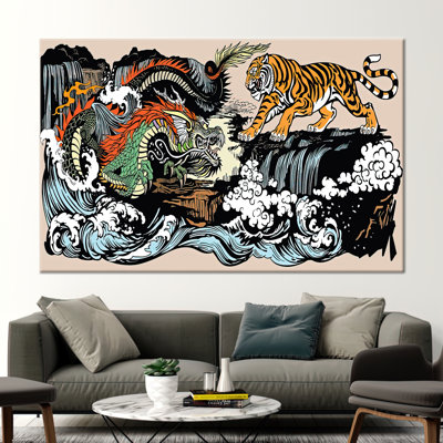 Utagawa Kuniyoshi Inspired Japanese Tiger and Dragon Duel Canvas Wall Art