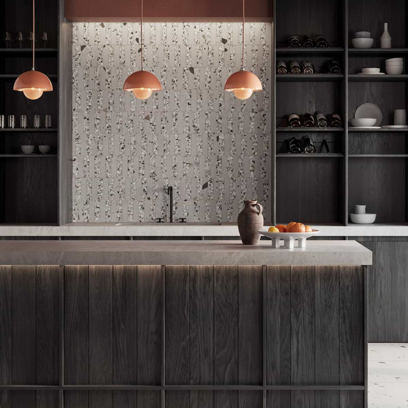 Kobe 2x8 Fish Scale Matte Terrazzo Look Porcelain Mosaic Tile, Smoke Gray