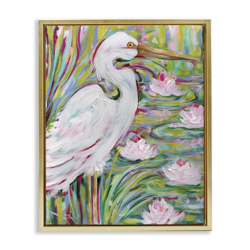  Grande aigrette blanche et art mural sur toile de lotus par Estelle Grengs, H 21 po x l 17 po