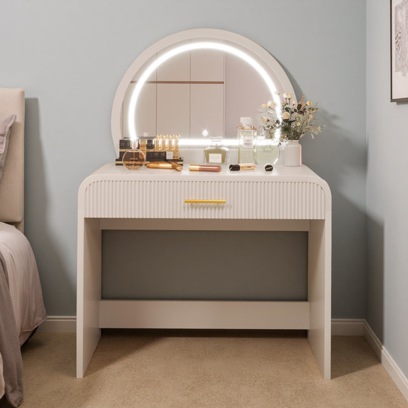 39" Modern Makeup Vanity Desk W/ Touch Led Mirror, Storage Drawer – Curved Safety Design, Convertible To Workspace, White