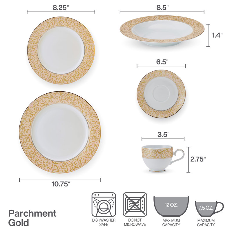 White and Gold Porcelain Dinnerware Set, Service for 8