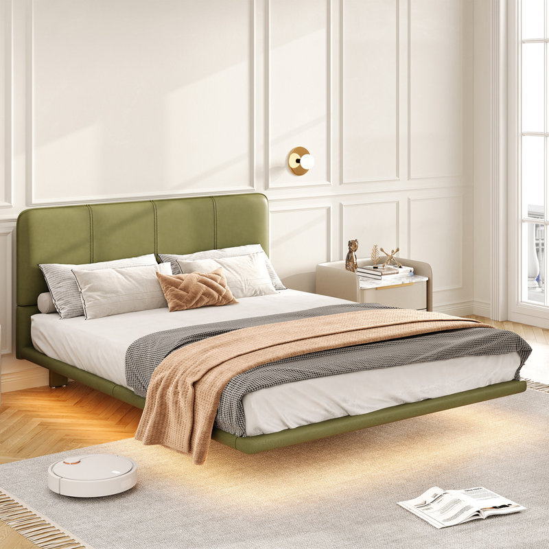 Structure de lit flottante avec lumière DEL, lit plateforme en cuir PU moderne, aucun sommier requis, assembler , Grand lit